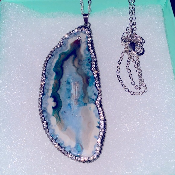 Natural Blue Agate cubic zirconia Sterling Silver 20”Necklace - Picture 6 of 6